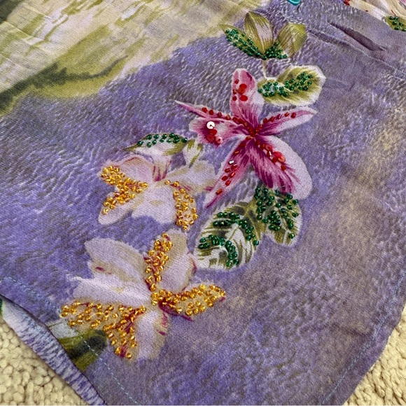 Vintage Nancy Bolen City Girl 100% Silk Tropical Print Beaded Button Down Shirt - Picture 9 of 17